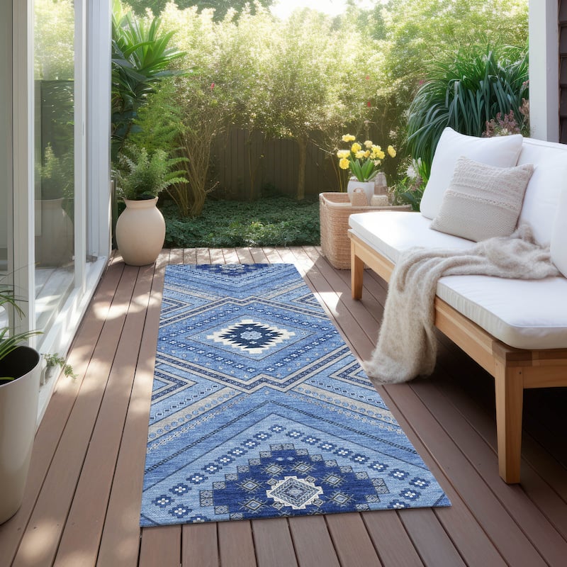 Machine Washable Indoor/ Outdoor Global Boho Chantille Rug - Blue - 2'3" x 7'6"