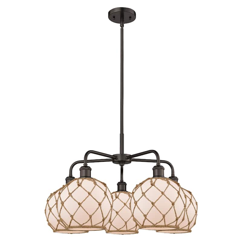 Innovations Lighting Endless Possibilities Ballston - Farmhouse Rope - 5 Light 27" Stem Hung Chandelier - White Glass with Brown Rope/Oil Rubbed Bronze