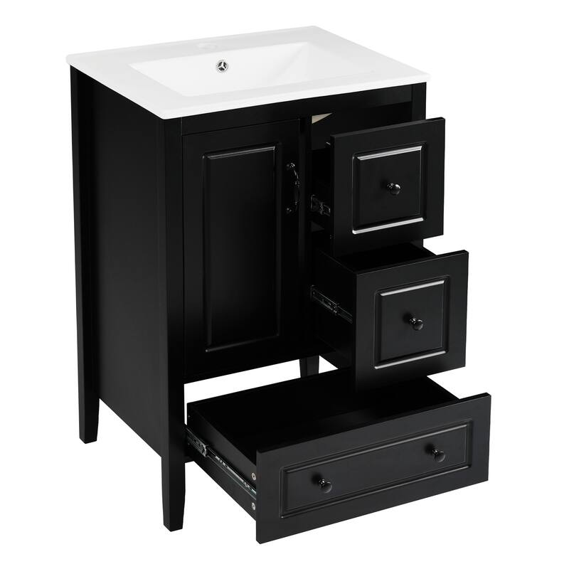24 inch Bathroom Vanity with Sink, One Cabinet with Soft-closing Door, 3 Soft-closing Drawers, Retro Metal Handles