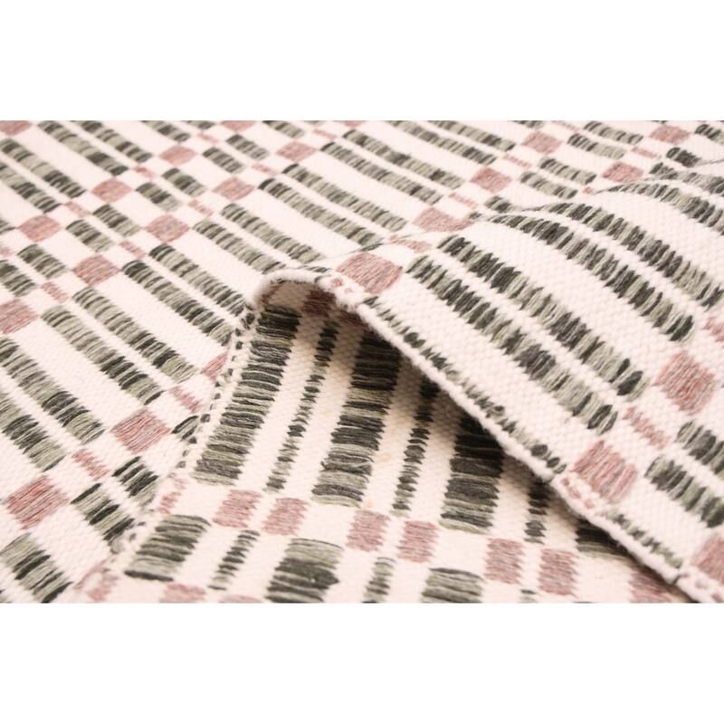 ECARPETGALLERY Flat-Weave Nevada Dark Green, Ivory Wool Kilim - 5'2 x 7'7