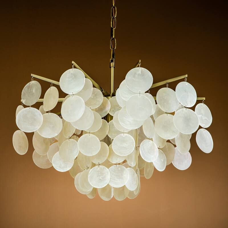 Cone Shape Tier Coastal Capiz Shells Chandelier With Antique Gold Metal