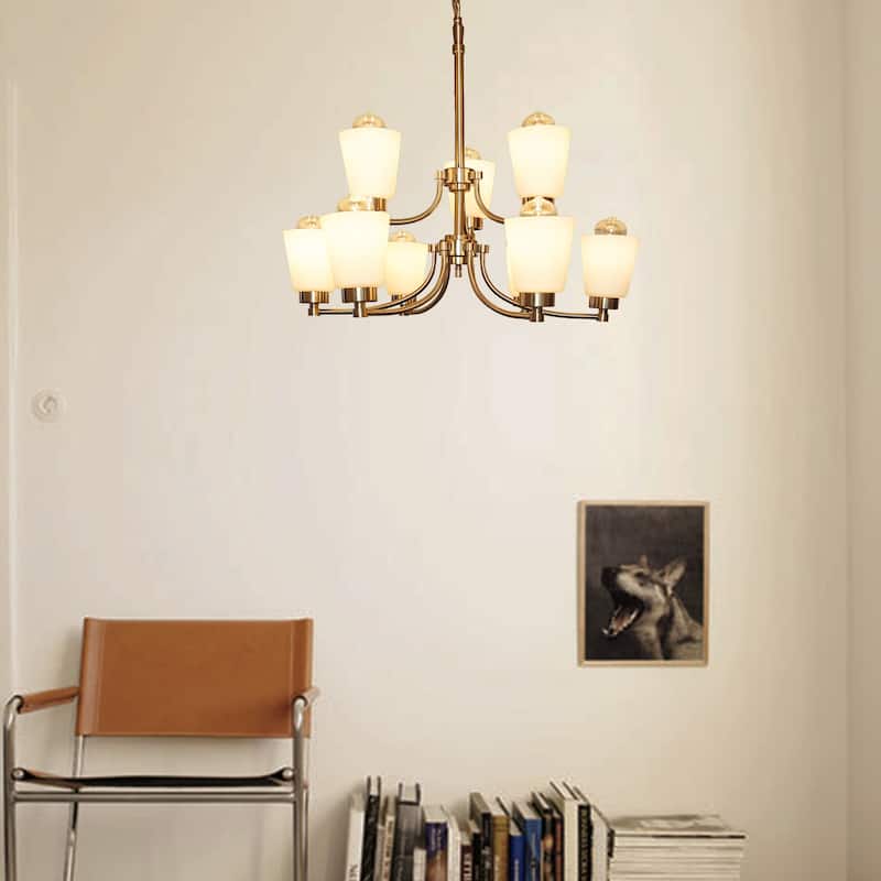 9-Light Brushed Nickel Chandelier With Satin Etched Opal Glass Shades - silver