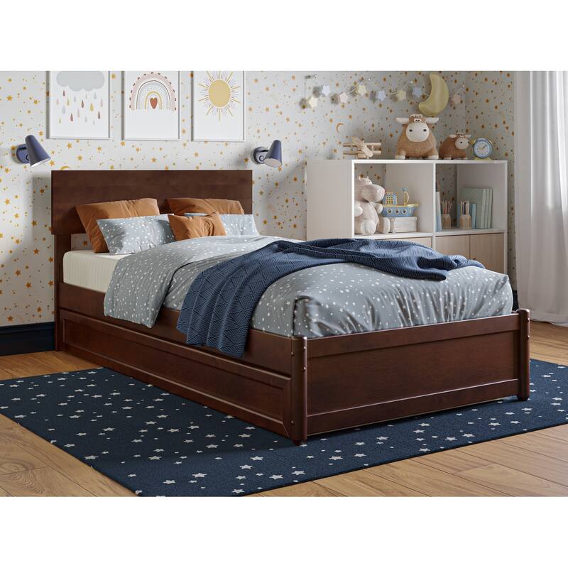 Renaissance Romance Twin Platform Bed with Trundle - USB Charging, Adjustable Headboard, Walnut Finish