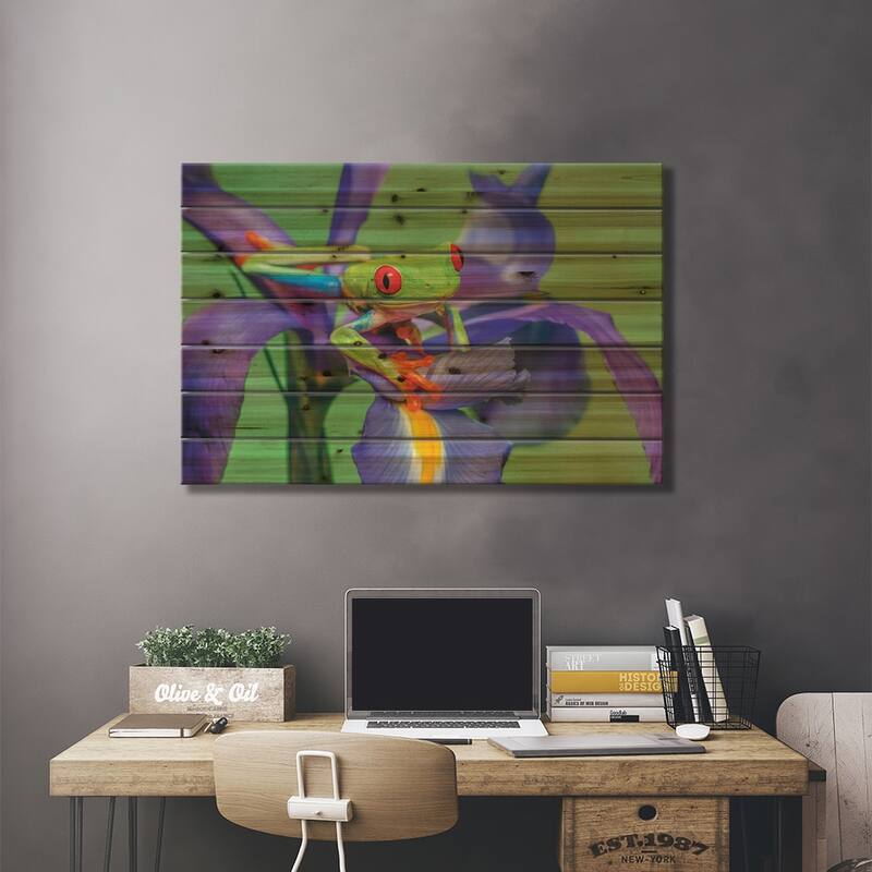 Red-Eyed Tree Frog Climbing On Iris Flower. Print On Wood by Adam Jones - Multi-Color
