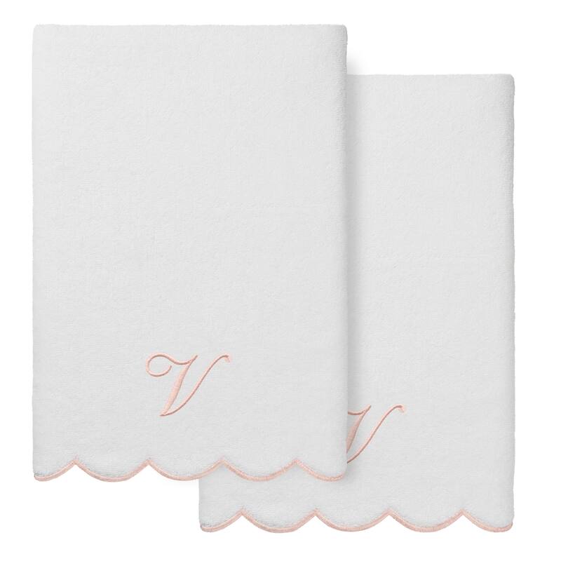 Authentic Hotel and Spa 100% Turkish Cotton Pink ADORNIA Scallop Personalized 2 Piece Bath Towel Set - 2 Bath Towels - V
