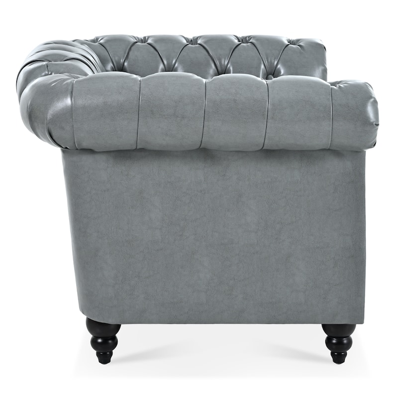 Gray PU 38.98" Buttons Tufted Accent Chair with Birch Legs