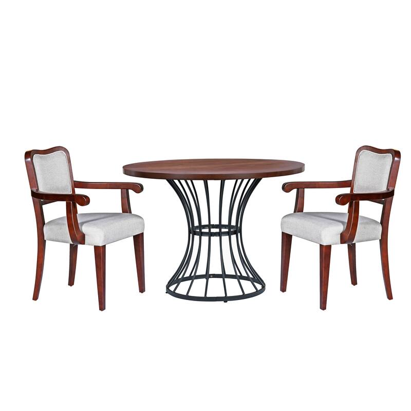 42" Round Dining Set -Solid Wood-Look Veneer Table +2 Upholstered Armchairs,Heavy-Duty Iron Pedestal Base,Space-Saving,3-Piece