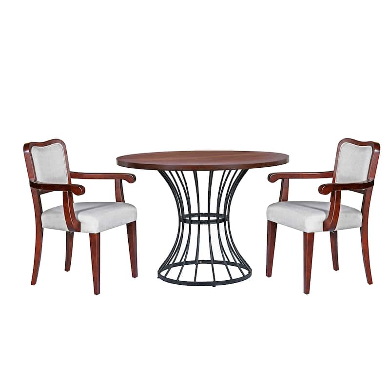 Wood Dining Table Set for 2, 3-Piece Mid-Century Modern Wooden Dining Set with Round Table and 2 Upholstered Chairs