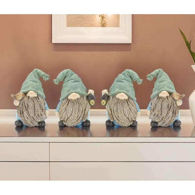 HomeRoots Set of Four Blue and Green Polyresin Garden Gnome Tabletop Sculptures - 4' X '6.25' X '4.75 - 4' X '6.25' X '4.75