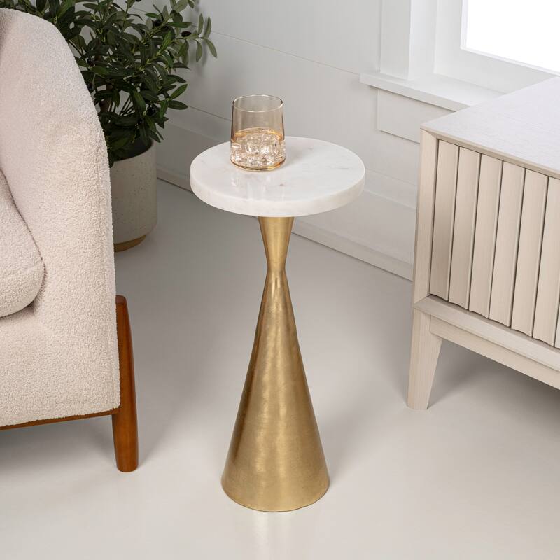 Ziggy 22" Contemporary Metal Drink & End Table w/ White Marble & Cone Base, By JONATHAN Y - Antique Gold