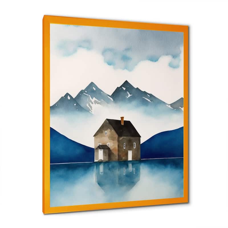 Designart "Cottage House By The Mountain Lake" Landscape Lake Framed Art Print