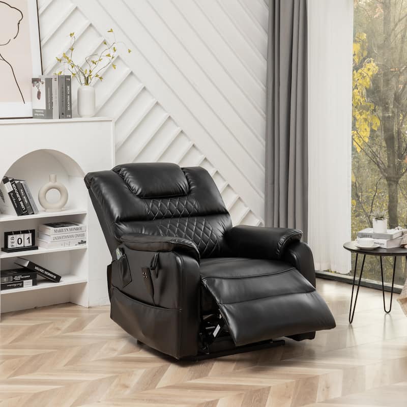 Black Oversized PU Leather Power Lift Recliner with Massage, Lumbar Heating, Side Pockets, 180° Flat Lay