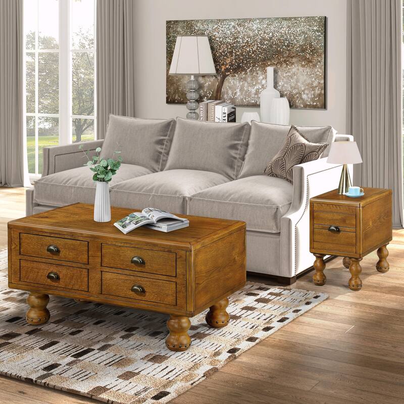 40" Solid Wood Rectangle Coffee Table with 4 Drawers