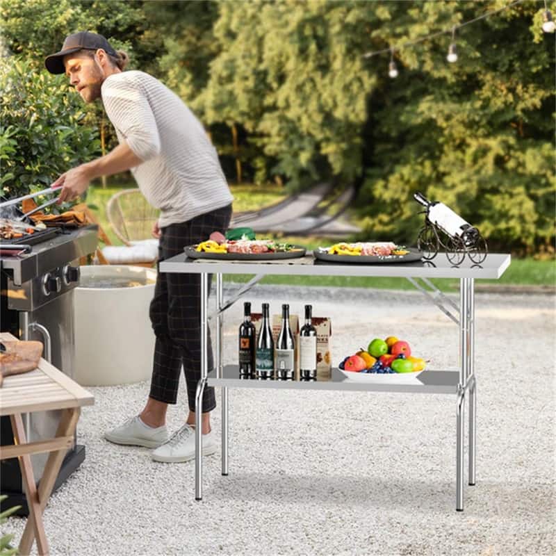 48 x 24 Inches Stainless Steel Folding Table with Undershelf - N/A