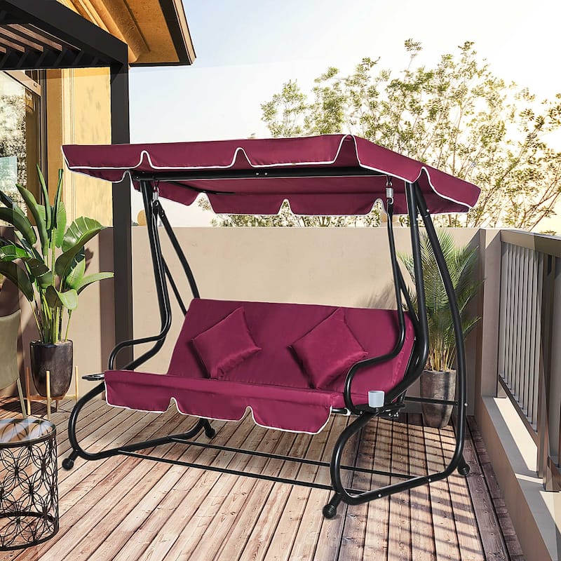 Outsunny 3 Seat Outdoor Free Standing Covered Swing Bench with Comfortable Cushioned Fabric & Included Canopy - Wine Red