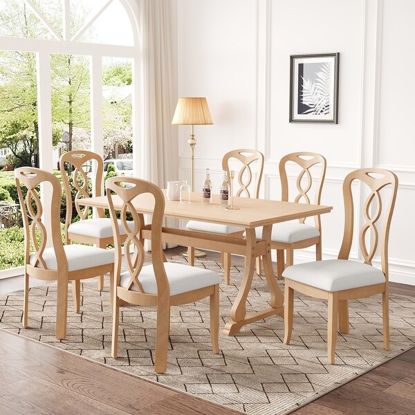 EDWINRAYLLC 7 Piece Dining Table Set with 6 Beige Upholstered Chairs Natural Table Beige Chair