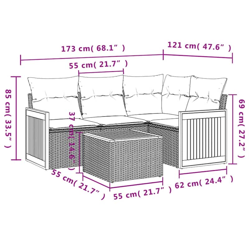 vidaXL Patio Sofa Set with Cushions Outdoor Conversation Furniture Poly Rattan - 24.4 x 24.4 x 27.2