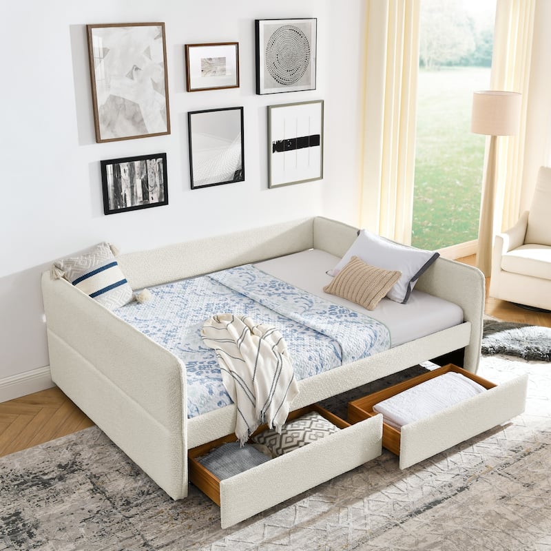 Upholstered sofa bed with drawers
