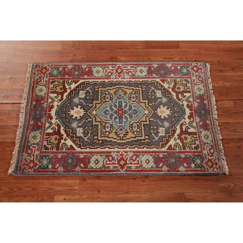 Hand Knotted Oriental 100% Wool Carpet Traditional Medallion Greys & Charcoal Heriz (serapi) Area Rug - 3' 0'' X 2' 0''