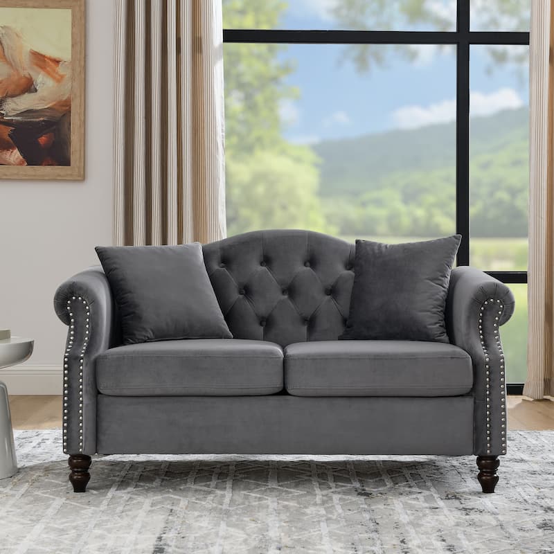 Chesterfield 2-Seat Sofa with Nailhead Trim, Velvet Upholstery, and Solid Wood Frame - Perfect for Living Room or Office