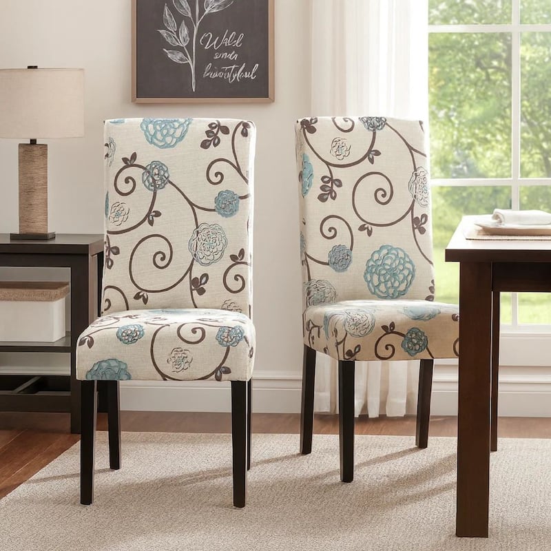 Dining Chair Set of 2, Beige Fabric, Soft Cushions, Black Rubberwood