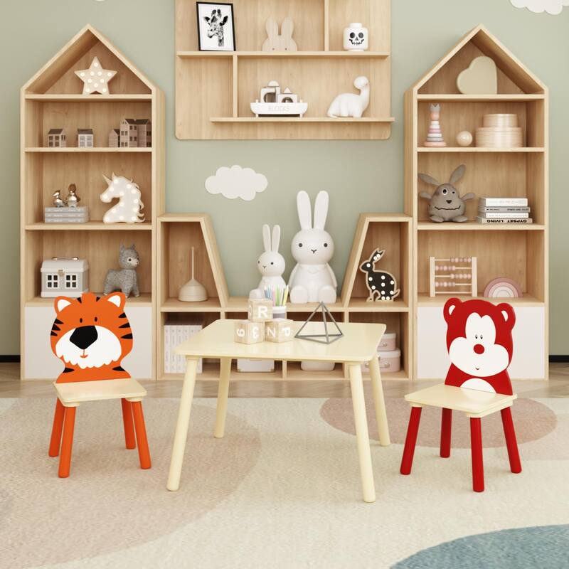Anmytek Toddler 3-Piece Wooden Table and Chair Set Kids Activity Desk with Animal Backrest for Playroom Nursery