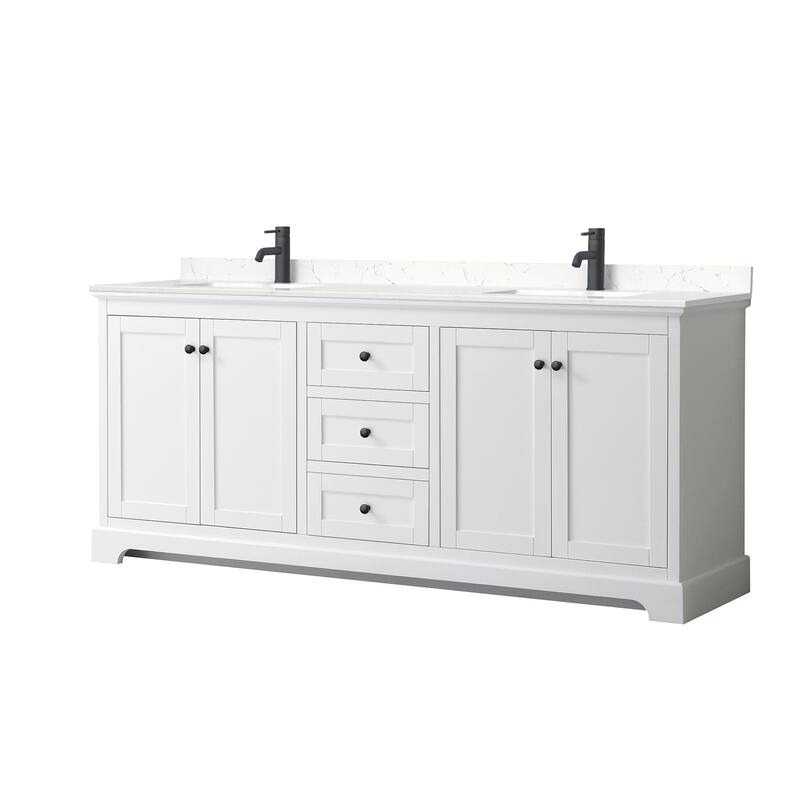 Wyndham Collection Avery 80" Free Standing Double Basin Vanity Set - White / Carrara Cultured Marble Top / Matte Black