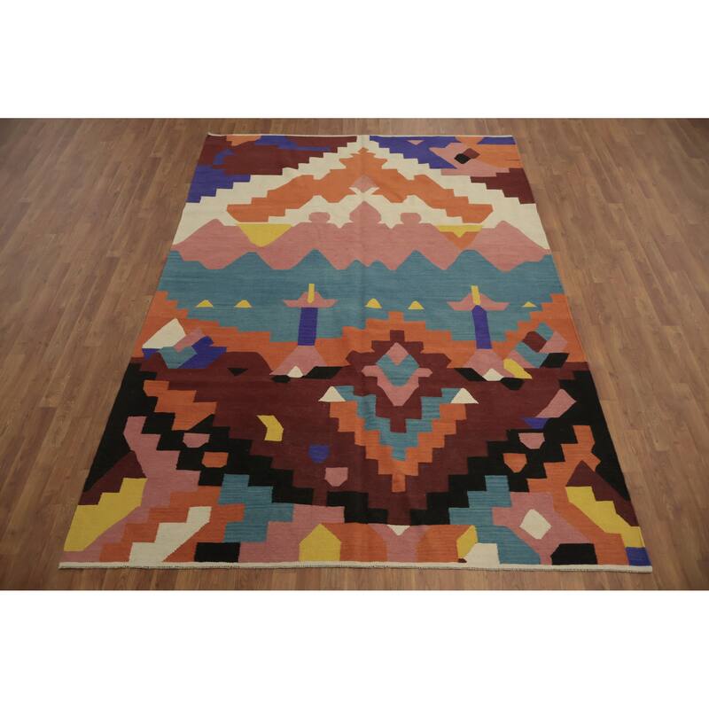 Hand Woven Oriental 100% Wool Carpet Southwestern Modern Multi-Colored Kilim Area Rug - 9' 8'' X 6' 10''