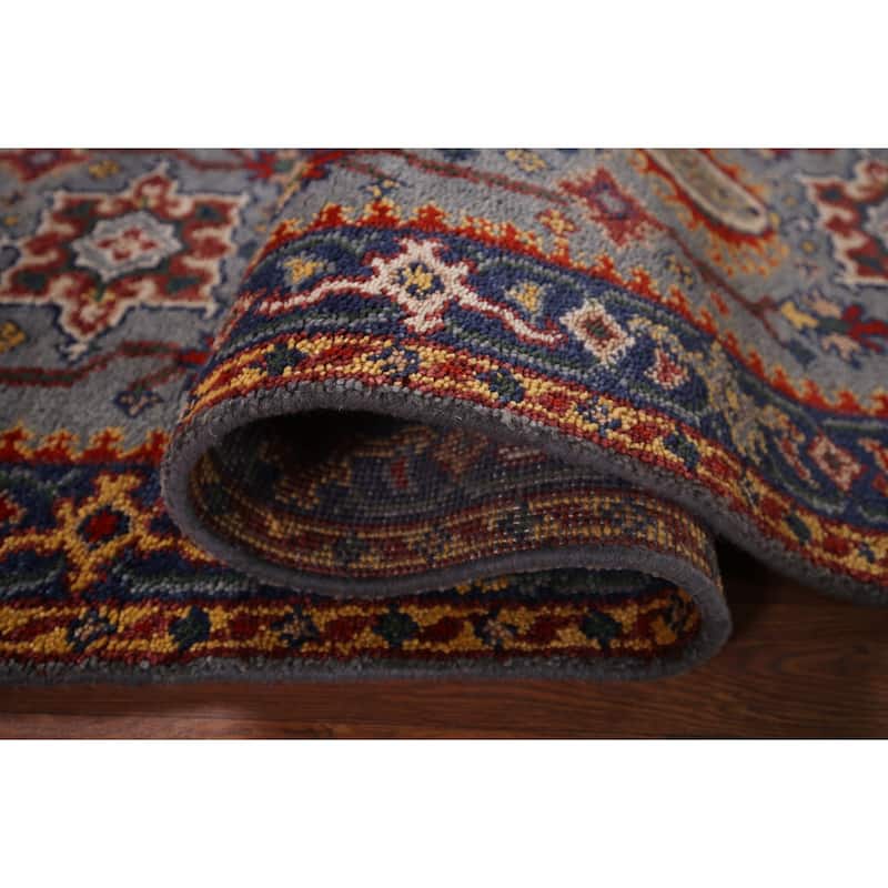 Blue Geometric Khotan Oriental Runner Rug Handmade Wool Carpet - 2'7"x 8'1"