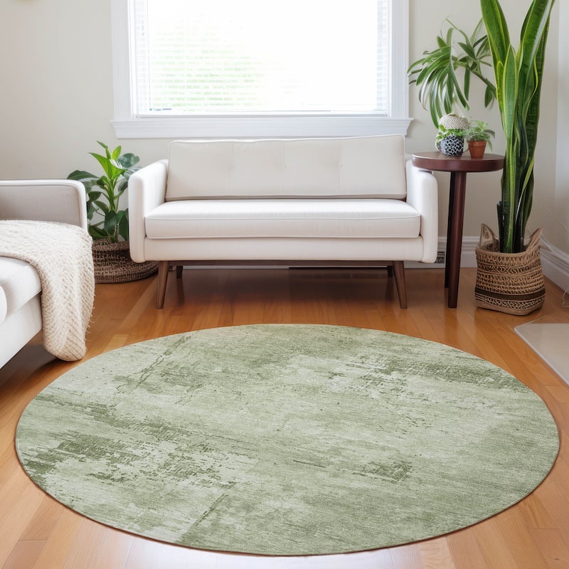 Machine Washable Indoor/ Outdoor Abstract Modern Chantille Rug - Olive - 8' x 8'