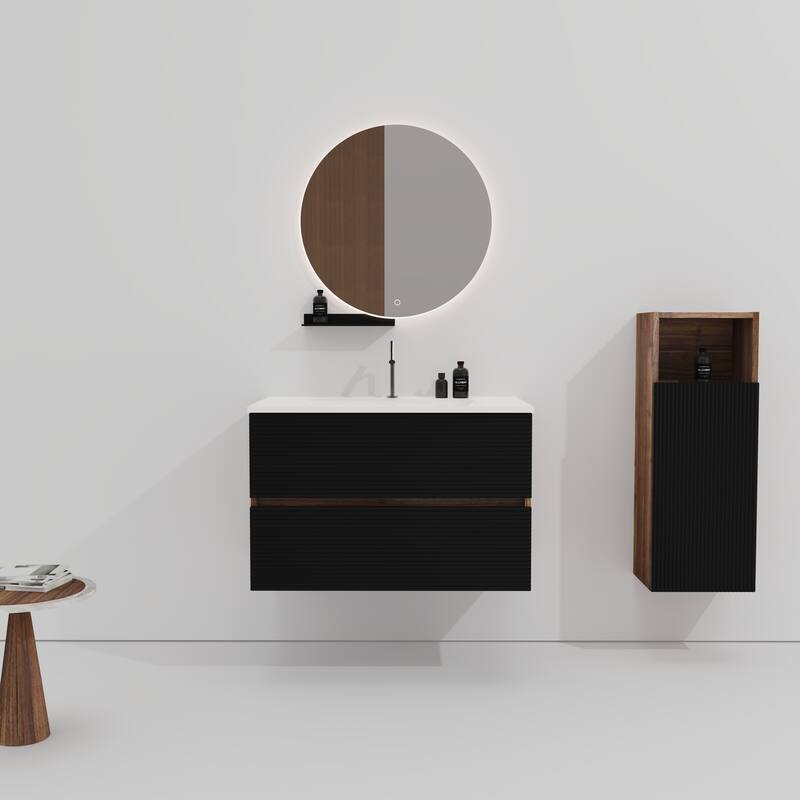GDFStudio - Gloria Modern Wall-Mounted Floating Bathroom Vanity with Integrated Ceramic Basin & Soft-Close Drawers - 30" - Black+Brown+1 faucet hole