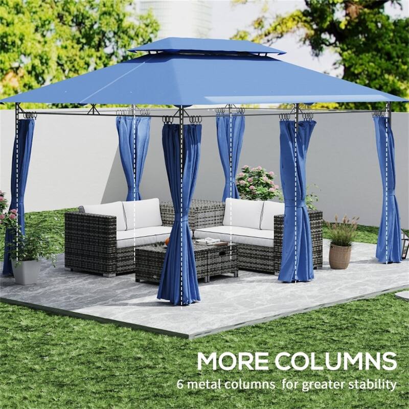 Large Metal Deck Gazebo with Two-Tier Roof and Removable Curtains Water-Drain Design for 12-Person