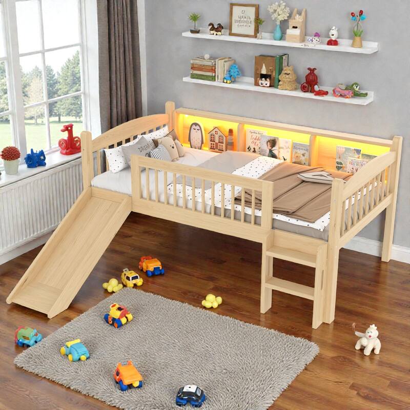 Twin XL/Twin Wood Loft Bed with Storage Shelves, LED Lights, Full-Length Guardrails & Solid Wood Frame, No Box Spring Needed