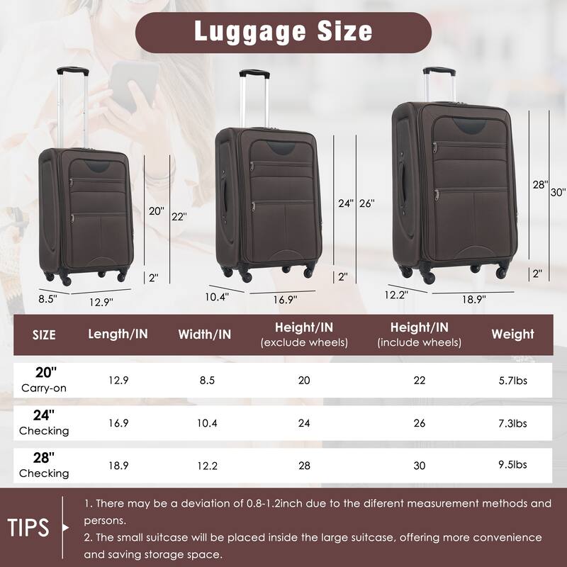 3 Piece ABS Softside Expandable Upright Spinner Luggage with TSA Lock and Duffel Bag