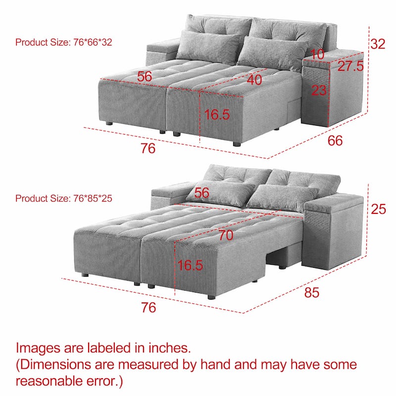 Grey 94" Corduroy 3-in-1 Convertible Sofa