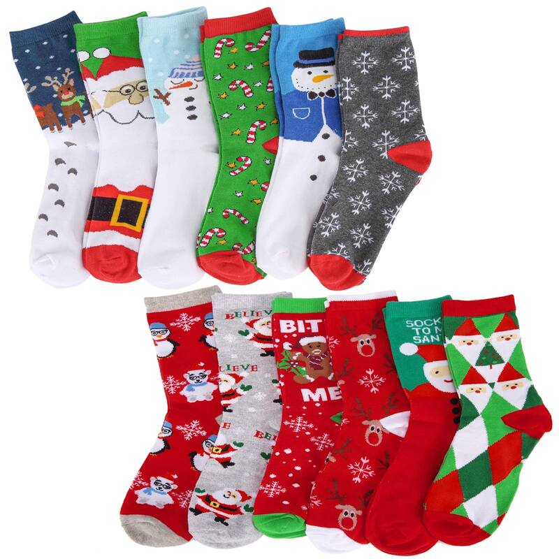 12 Pair Women's Christmas Socks, Cotton Knit Crew Xmas Socks for Girls