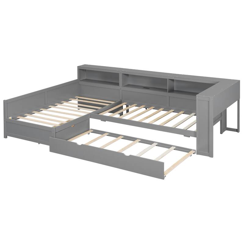 L-Shaped Twin Platform Bed with Trundle, Storage Drawer & Charging Station, Grey