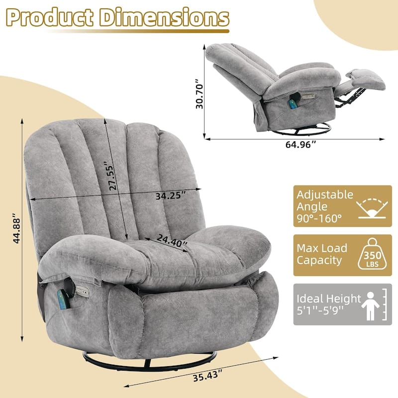 Shell Shape Power Recliner Chair, Chenille Fabric Swivel Rocker Recliner with Bluetooth Speaker