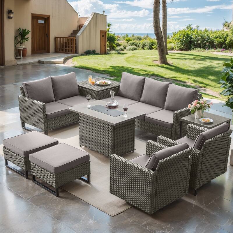 Patio Conversation Set 9 Piece with Propane Fire Pit Table - Grey - Grey