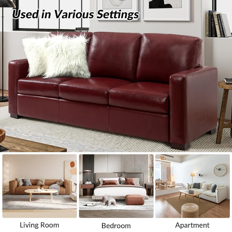 Ernando 83.46" Wide Genuine Leather Sofa with Squared Arms and Pillows