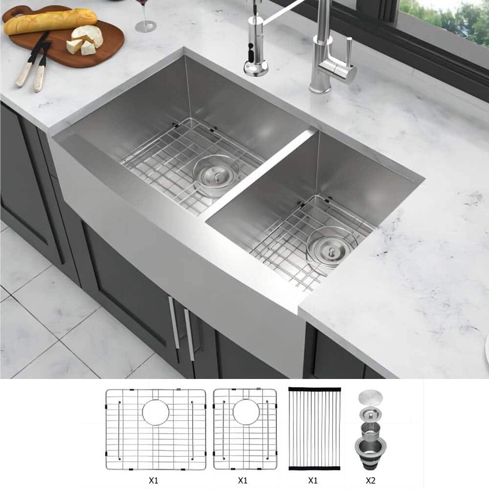 33 in 36 in Double Bowl Farmhouse 18 Gauge Apron Front Kitchen Sink