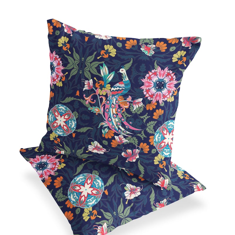 HomeRoots Set of Two 16" X 16" Blue and Pink Peacock Blown Seam Floral Indoor Outdoor Throw Pillow - 16.00' X '16.00' X '5.00