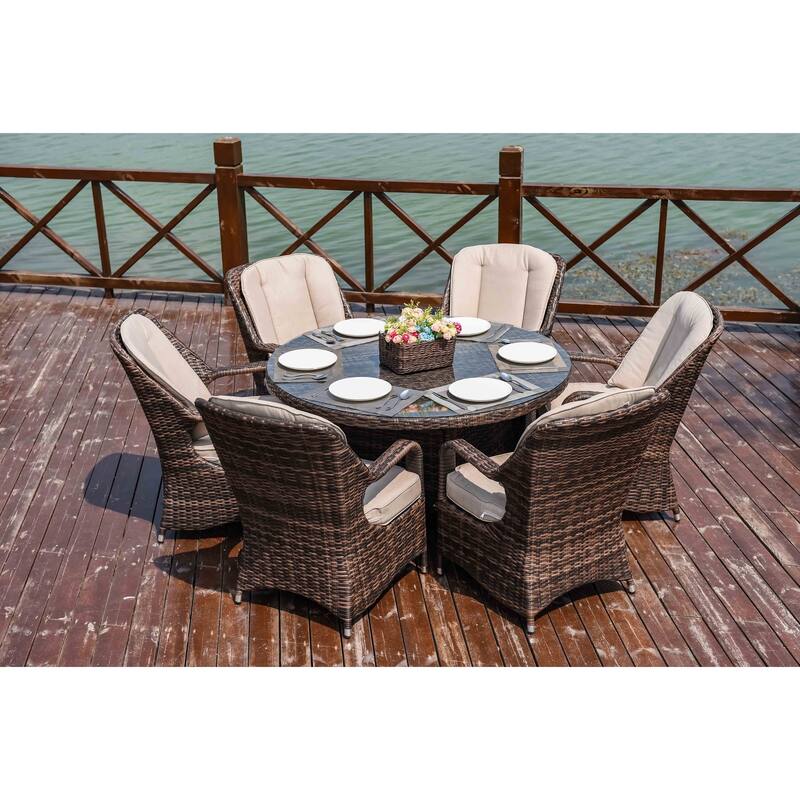7 Pieces Outdoor Rattan Wicker Patio Round Dining Set with Cushions by Moda Furnishings - Brown