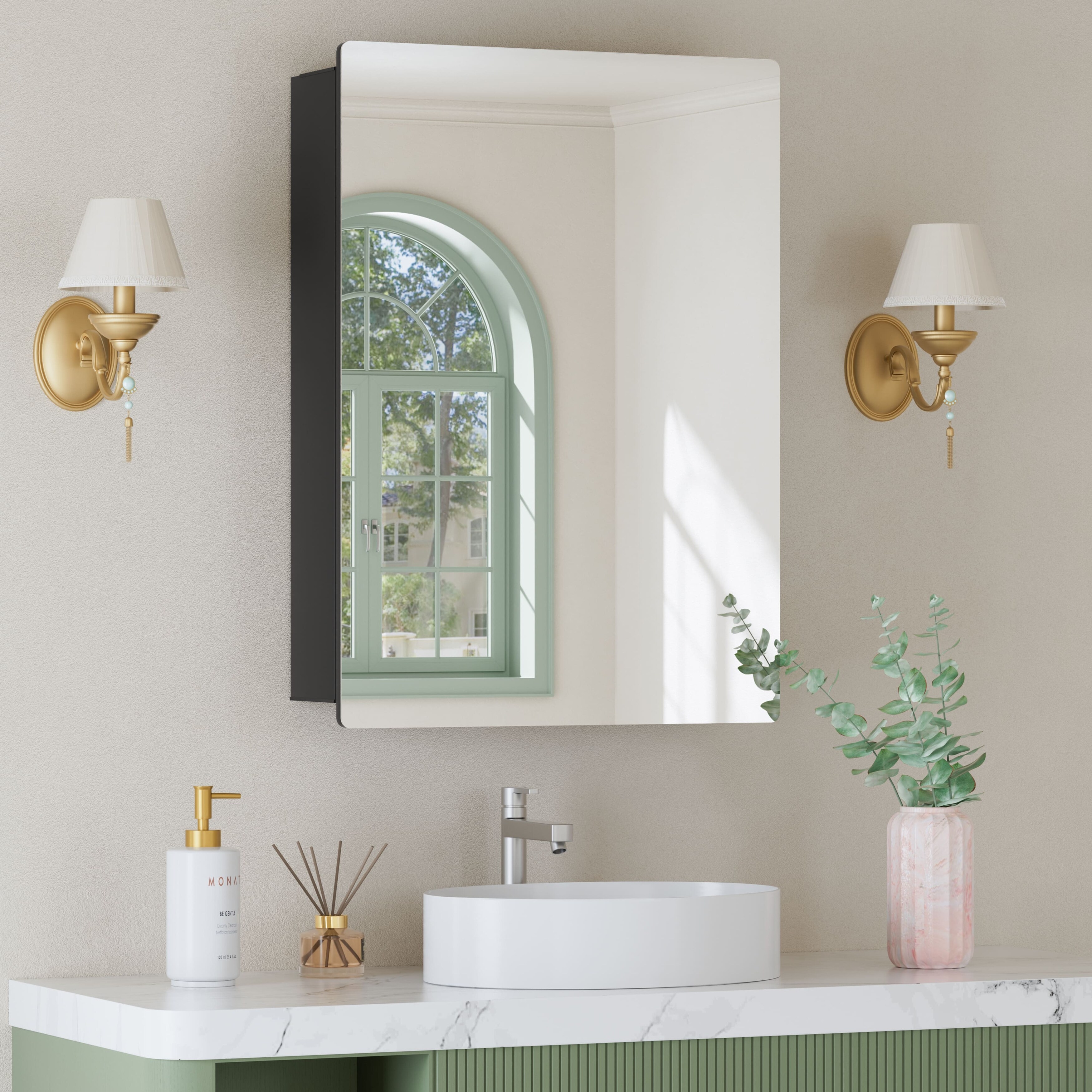 Mira Rectangular Frameless Medicine Cabinet with Mirror, Sliding Adjustable Glass Shelves, Reversible Door