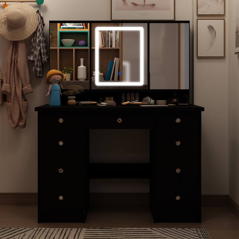 Makeup Vanity with 3-Color Lighted Mirror, Large Vanity Table Dressing