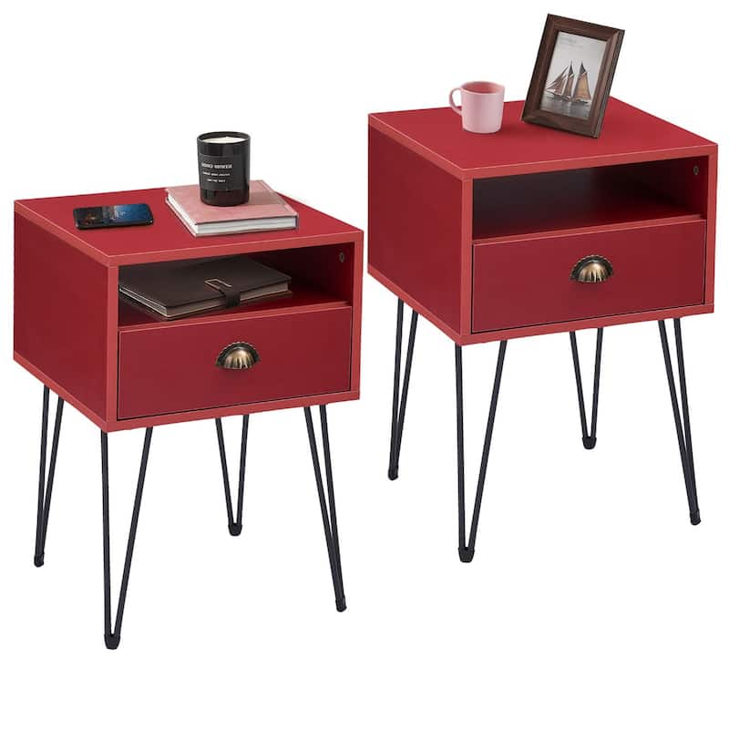 Taomika 2-Piece 1-Drawer Nightstand Set with Drawer Compact Open Shelf Bedside Table for Saving Space(Set of 2 ) - Red