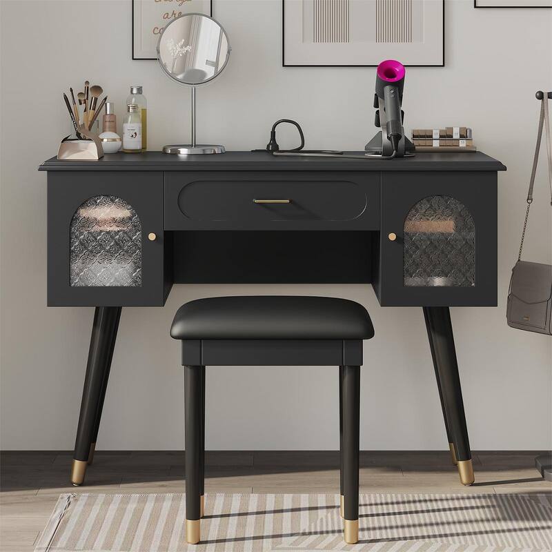Vanity Makeup Table and Chair Set, Built-in Power Charging Station Dressing Table Writing Desk with Storage Organizer - Black
