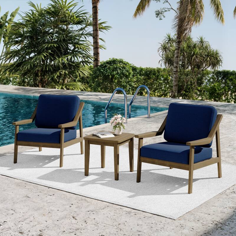 3-piece Teak Modern Cushioned Club Chairs Set Patio Bistro Set - NaturalFrame-Navy