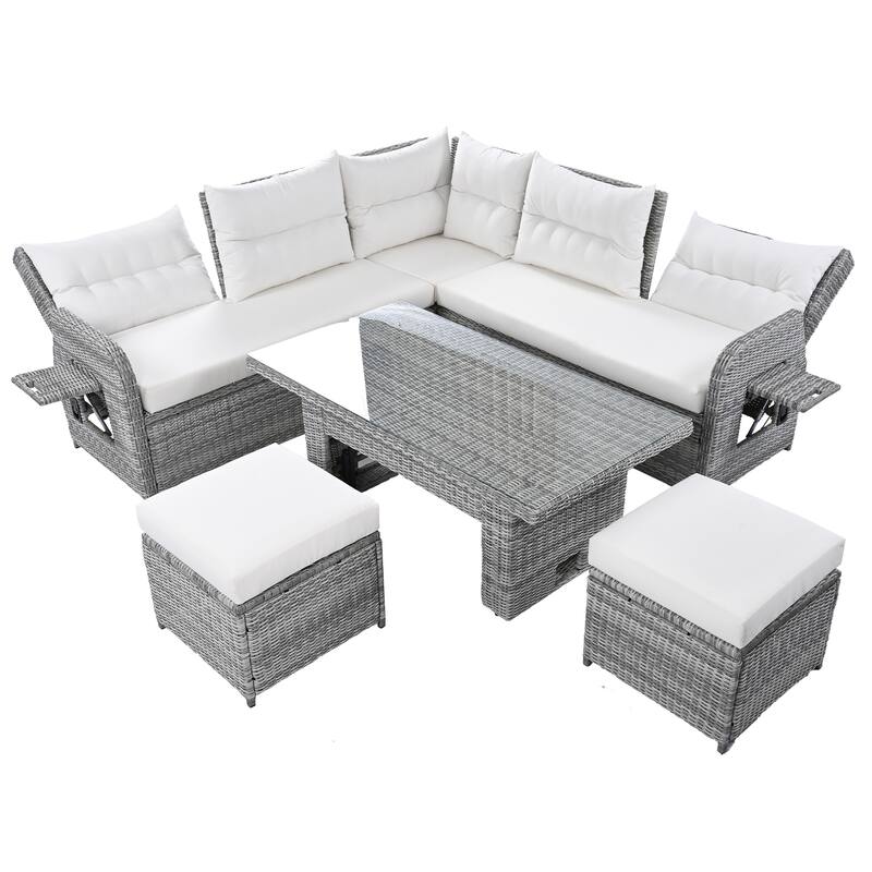 Outdoor Rattan Furniture Set with Extendable Table and Two Ottomans