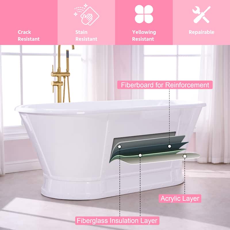 66'' W,73 GALLONS Freestanding Acrylic Soaking Bathtub With Drain And Overflow Holes